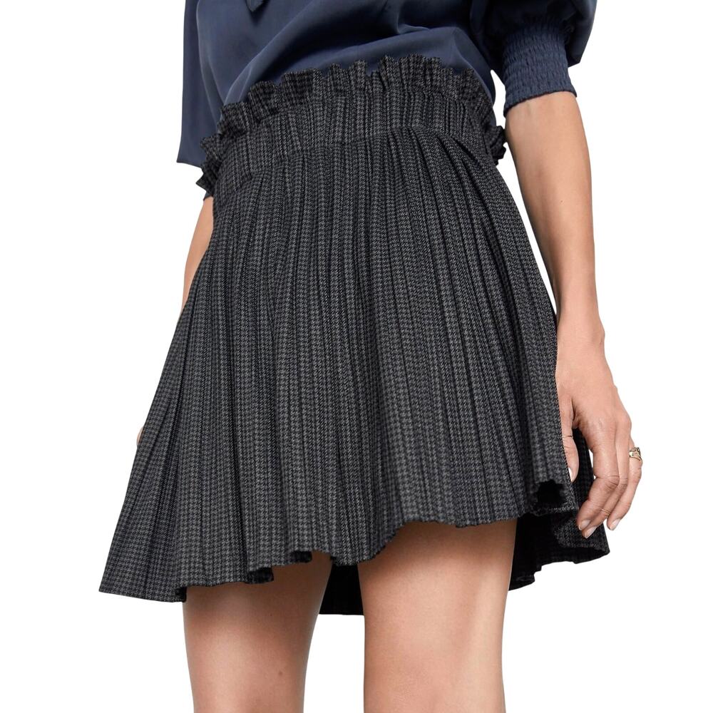 Zara Houndstooth Pleated Mini Skirt Ruffle Waist Black Gray Size Small